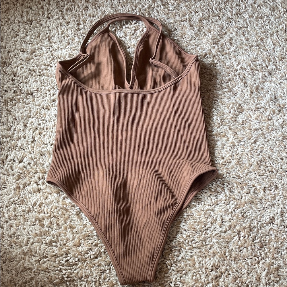 Brown Ribbed Kids One Piece - Picture 2 of 3
